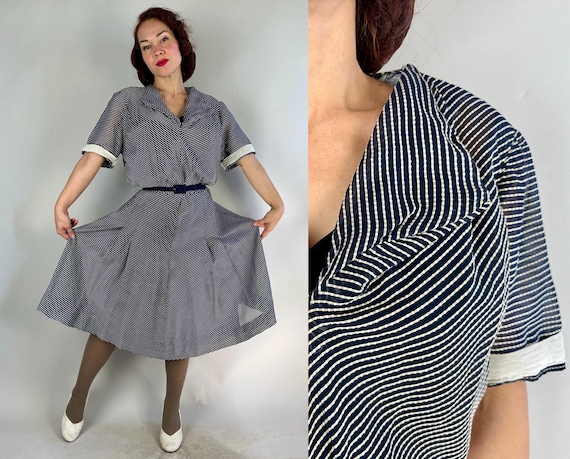 1940s Summer Chevron Dress | Vintage 40s Navy Blue Sheer Nylon with White Stripes Day Frock with Pleated Full Skirt | Extra Large XL