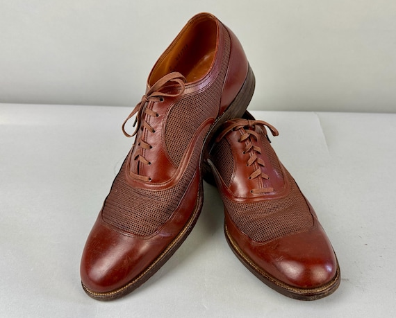 1940s Summer Saunter Shoes | Vintage 40s Leather Cinnamon Brown Apron Toe Oxfords with Cooling Mesh Accents by "Florsheim" | Size 11 US