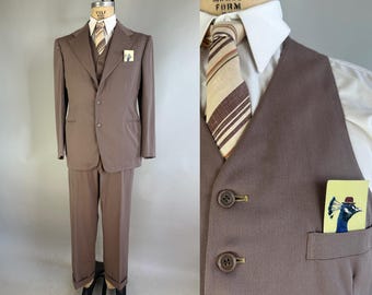 1940s Natural and Neutral Three Piece Suit | Vintage 40s Taupe Wool Single Breasted Jacket Vest and Pants Set | Size 38/40 Medium