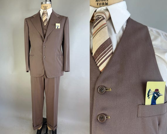 1940s Natural and Neutral Three Piece Suit | Vintage 40s Taupe Wool Single Breasted Jacket Vest and Pants Set | Size 38/40 Medium