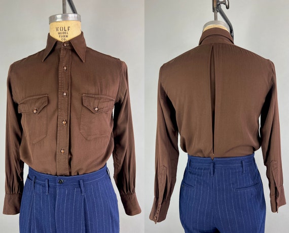 1930s Pecan Pie Shirt | Vintage 30s Pecan Brown Wool Gabardine Button-Up Long-Sleeve with Dagger Collar & Western Styling | Size 14.5 Small