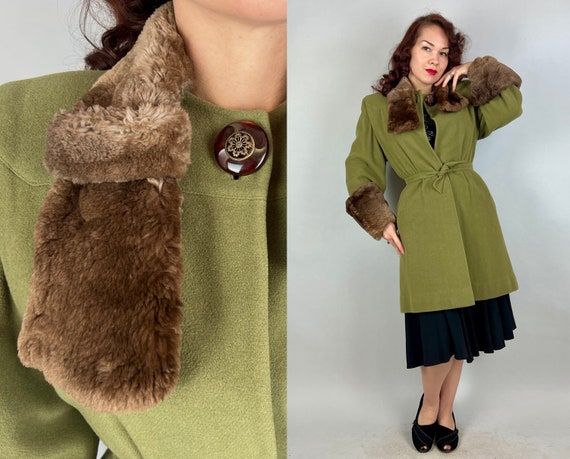 1940s Sophisticated Sage Coat  | Vintage 40s Green Wool with Brown Mouton Cuffs and Collar Belted Overcoat w/Pockets | Small Extra Small XS