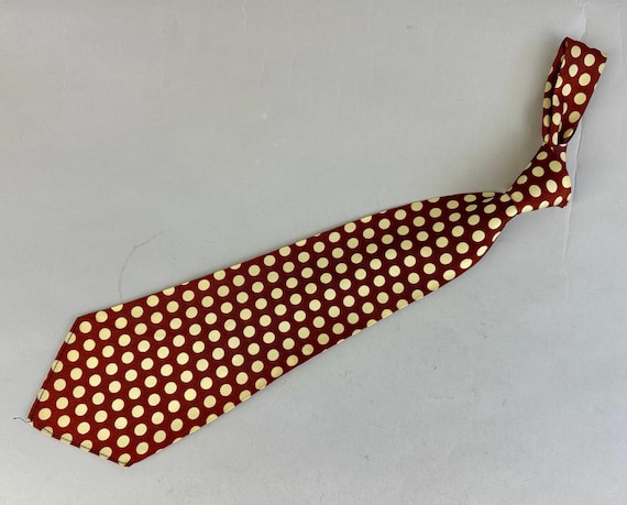 1930s On The Spot Necktie | Vintage 30s Copper Brown Rayon Celanese Wide Self Tie Cravat with Ivory White Polkadots