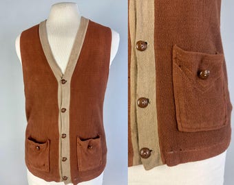 1930s Sporty Chic Vest | Vintage 30s Two Tone Tawny Brown and Taupe Wool Jersey Knit Button Up Waistcoat w/Pockets | Small Medium