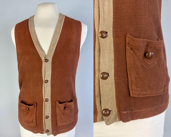 1930s Sporty Chic Vest | Vintage 30s Two Tone Tawny Brown and Taupe Wool Jersey Knit Button Up Waistcoat w/Pockets | Small Medium