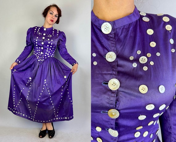 1800s Purple Pearlie Princess Dress Ensemble | Vintage Antique Victorian Combed Cotton Bodice and Skirt with Shell Buttons Rare Set | Small