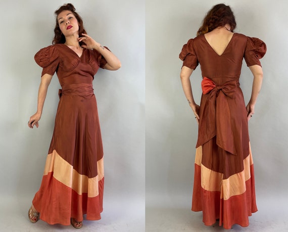 1930s Spicy Sweet Gown | Vintage 30s Cinnamon Brown Ballet and Coral Pink Rayon Taffeta Color Block Evening Dress with Two Tone Sash | Small
