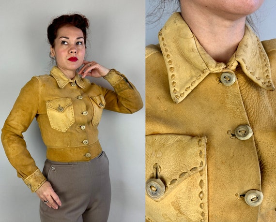 1930s Pioneer Patsy Jacket | Vintage 30s Two Tone Yellow Deerskin Leather Cropped Cossack w/ Top-Stitching & Antler Buttons | Extra Small XS