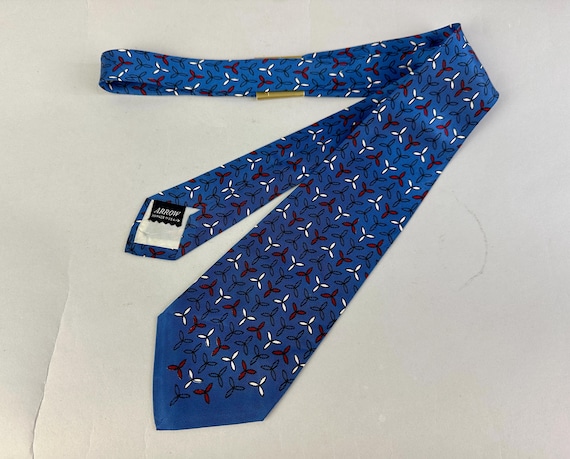 1940s Gone With The Wind Necktie | Vintage 40s Deadstock Blue Red and White Rayon Self Tie Cravat with Three Blade Windmills