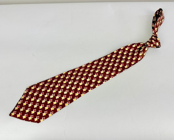 1940s Spark of Life Necktie | Vintage 40s Brown Silk with Yellow and Red Diamond Sparkles Silk Self Cravat Tie by "Arrow"