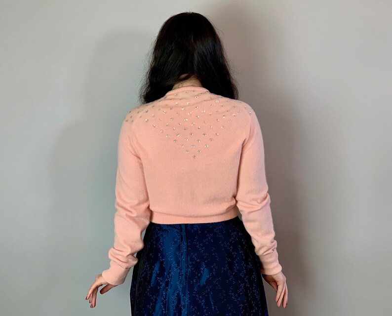 Vintage Midcentury 50s Pink Cropped Lambswool Sweater wClear Shimmery Sequins and Self Buttons 1950s Cotton Candy Cardigan MediumLarge