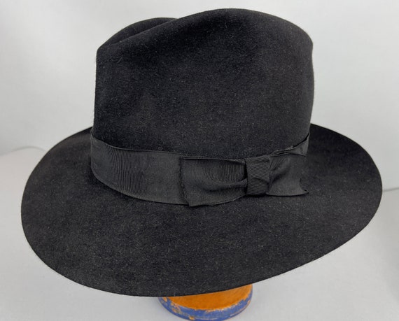 1940s Black on Black Fedora | Vintage 40s Jet Wool Felt Hat with Grosgrain Ribbon Bow Trim | Size 7 1/2 Extra Large XL