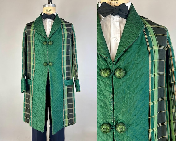 1800s Lounging in the Library Smoking Jacket | Vintage Antique Victorian Green Black & Yellow Plaid Silk Faille Lounge Coat Robe | Medium