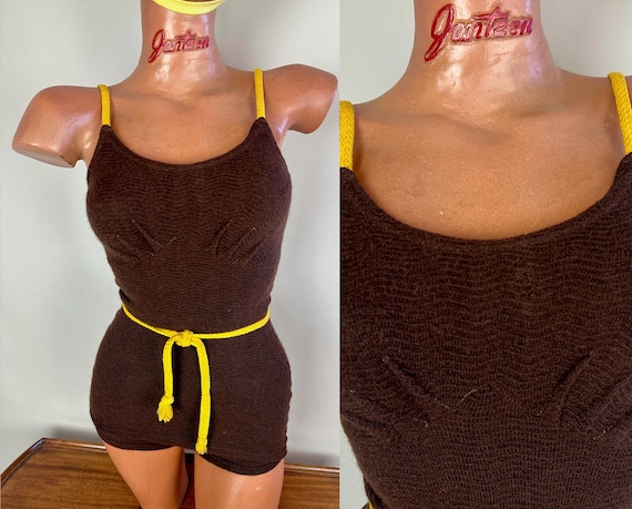 1930s Beach Bunny Swimsuit | Vintage 30s Brown Wavy Texture Knit Wool One Piece Bathing Suit with Yellow Straps | Small Extra Small XS