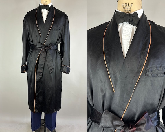 1940s Lounging Lewis Dressing Robe | Vintage 40s Moire Satin Rayon Two Tone Black and Tarnished Gold Smoking Jacket | Large Extra Large XL