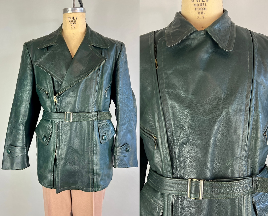 1940s Handsome Hot Shot Jacket | Vintage 40s Forest Green Leather