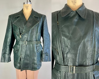 1940s Handsome Hot Shot Jacket | Vintage 40s Forest Green Leather Motorcycle Coat with Attached Belt and Slanted Pockets | Large