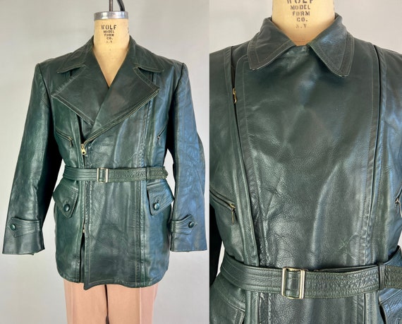 1940s Handsome Hot Shot Jacket | Vintage 40s Forest Green Leather Motorcycle Coat with Attached Belt and Slanted Pockets | Large