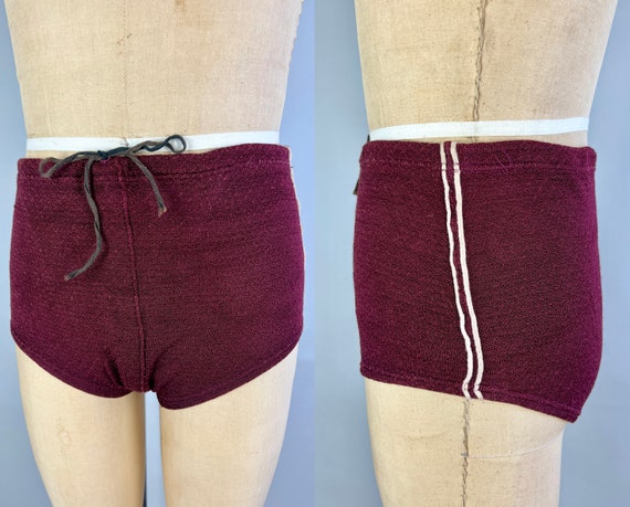 1940s Brockway Beach Bathing Suit | Vintage 40s Maroon Red Wool & Lastex Knit Mens Swimsuit Trunks with White Piping | Small/Medium/Large