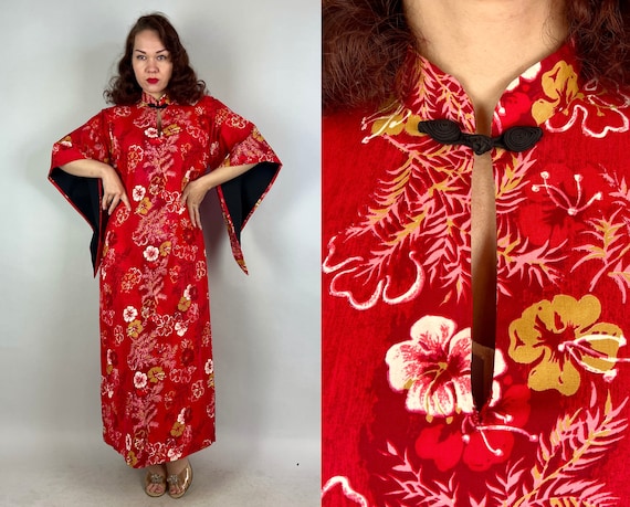 1940s Hot Lava Pake Muu Gown | Vintage 40s Red Cotton Hawaiian Vacation Dress w/ White & Gold Hibiscus and Black Trim | Large Extra Large XL