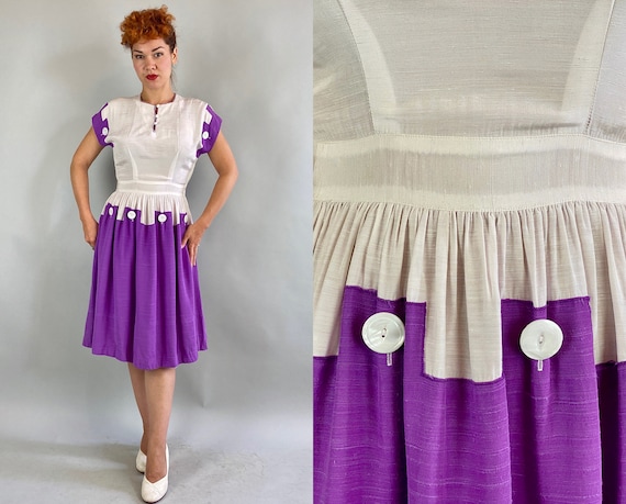 1940s Pretty Puzzle Piece Dress | Vintage 40s White and Purple Color Block Rayon Dupioni Frock with Large Decorative Shell Buttons | Small