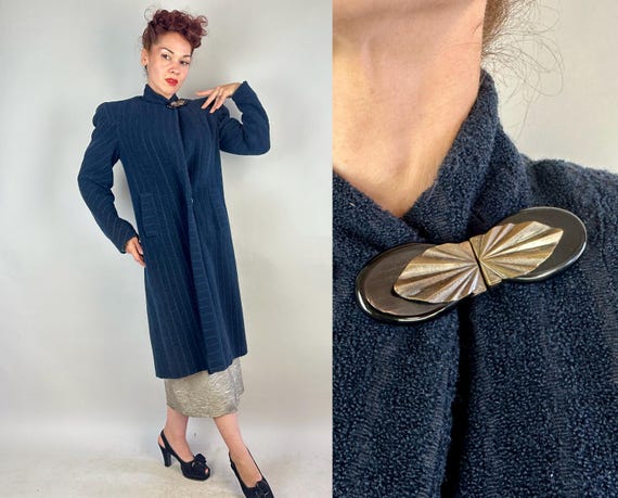 1930s Striking Stripes Overcoat | Vintage 30s Black Wool Textured Striped Sleek Coat w/Asymmetric Deco Clasp & Strong Shoulders | Small