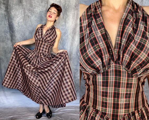 1930s Princess in Plaid Gown | Vintage 30s Black Red White Green Yellow and Blue Tartan Rayon Taffeta Halter Neck Evening Dress | Large