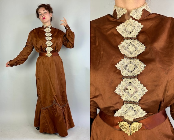 1900s Immortal Beauty Dress Ensemble | Vintage Antique Edwardian Bodice Belt & Skirt in Bronze Brown Silk with Ecru Lace | Medium Large
