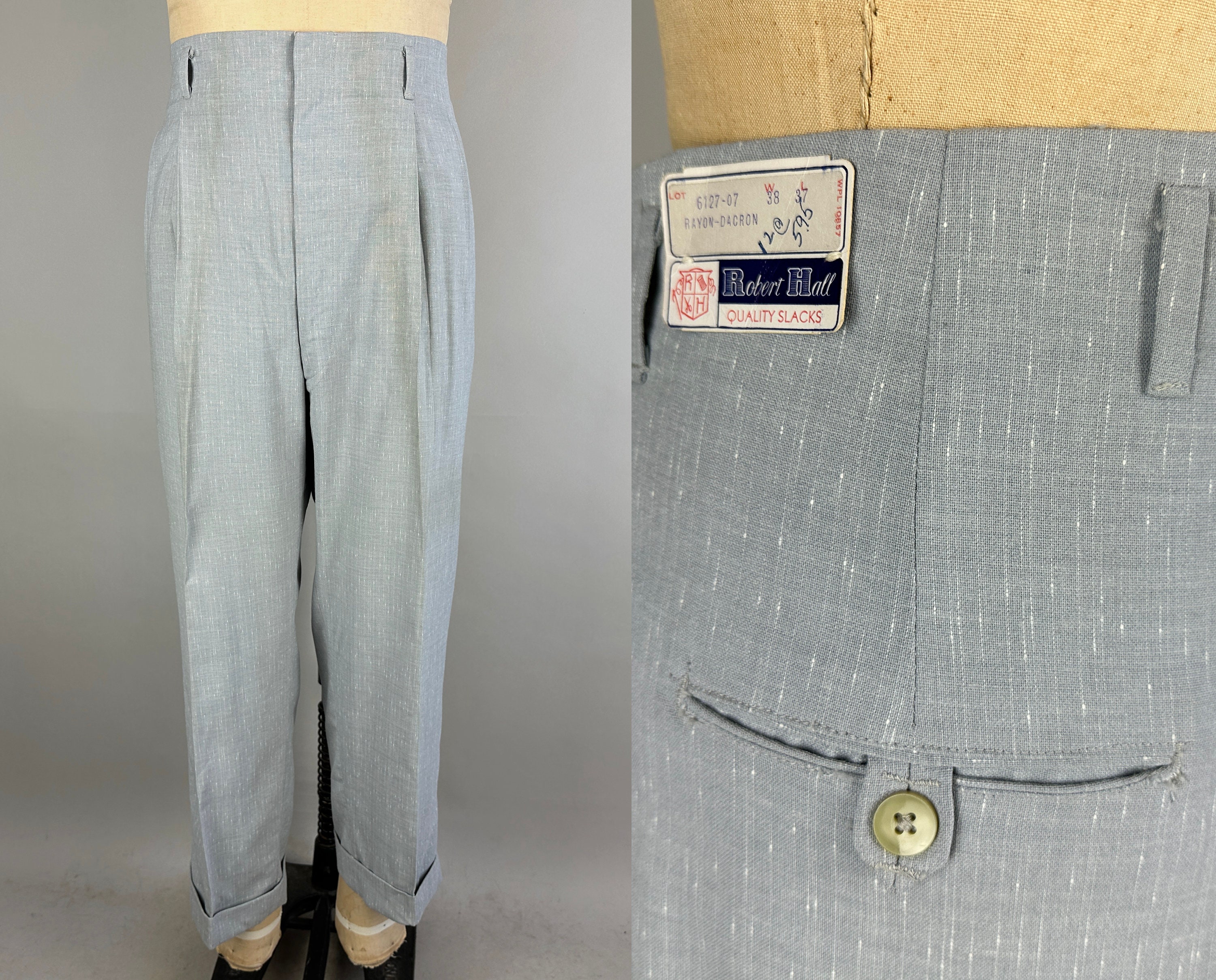 1950s Leading Man Trousers Vintage 50s NWT Deadstock Pleated Pants Slacks  in White Flecked Grey W/hollywood Waist 38x264 Extra Large XL 