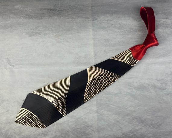 1940s Orchestrated Overtures Necktie | Vintage 40s Red Navy Blue White and Black Rayon Satin Self Tie Cravat with Abstract Music Waves