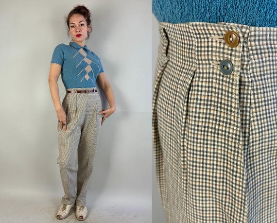 1940s Samantha's Super Slacks | Vintage 40s Wool Plaid White, Gray, and Orange High Waisted Side-Zip Pleated Pants with Pockets | Large