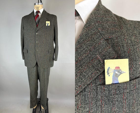 1940s Kilmarnik Twist Suit | Vintage 40s Two Piece Granite Grey w/Red Pinstripes Wool Jacket & Trousers Set Dated 1941! | Size 42 Large