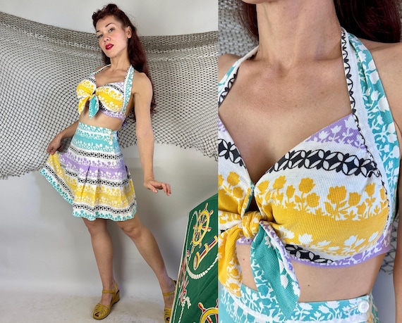 1940s Blooming Beach Ensemble | Vintage 40s Teal Lavender Yellow Black and White Floral Two Piece Shorts and Halter Tie Top Play Set | Small