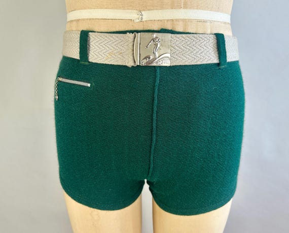 1930s Diving with the Dudes Swim Trunks | Vintage 30s Forest Green Wool Bathing Suit Bottoms with Gray Belt and Silver Buckle | Small Medium
