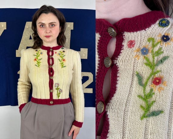 1930s Happy Heidi's Cardigan | Vintage 30s Folk Swiss Austrian Embroidered Two Tone Floral Cream and Currant Red Wool Knit Sweater | Medium