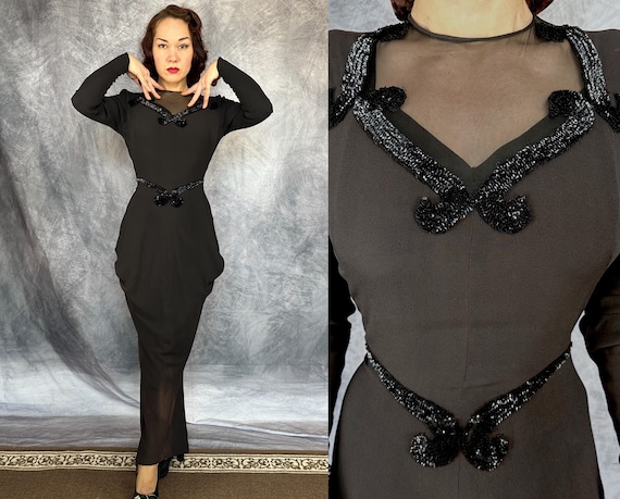 1940s Midnight Vixen Gown | Vintage 40s Black Rayon Crepe Floor Length Batwing Hip Dress w/Sequins & Sheer Net Neck | Small