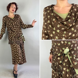 1920s Mint Chip Treat Dress | Antique Vintage 20s Two-Tone Silk Frock in Chocolate Brown Floral Print with Cowl Neck and Waist Tie | Medium