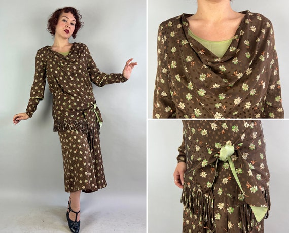 1920s Mint Chip Treat Dress | Antique Vintage 20s Two-Tone Silk Frock in Chocolate Brown Floral Print with Cowl Neck and Waist Tie | Medium