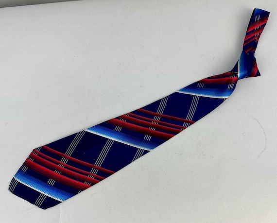1930s Prim Presentation Plaid Necktie | Vintage 30s Blue Red White and Silver Tartan Stripe Silk Self Tie Cravat
