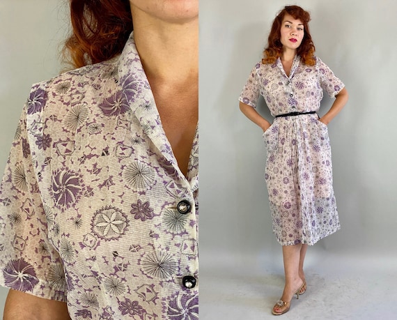 1940s Pinwheel Pleasantries Dress | Vintage 40s Sheer Seersucker Cotton Voile with Purple and Black Swirling Wheels Pattern | Extra Large XL