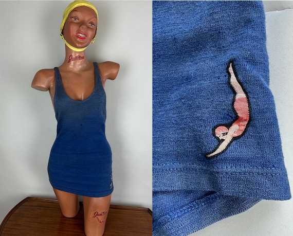 1920s Swim the Ocean Blue Swimsuit | Vintage 20s "Jantzen" Wool Knit Art Deco One Piece Bathing Suit with Plunging Racerback | Small Medium