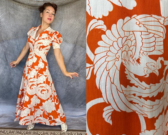 1930s Henny Penny in Hawaii Gown | Vintage 30s Orange and White Fanciful Pheonix Rooster Print Button Up Maxi Dress w/ Puff Sleeves | Medium