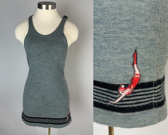 1920s Stormy Seas Swimsuit | Vintage 20s Storm Cloud Grey Wool with Black Stripes Knit Classic "Jantzen" Bathing Suit | Small Medium