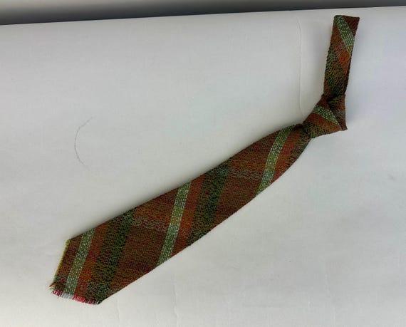 1930s Cobblestone Stepping Necktie | Vintage 30s Nubby Pebble Woven Texture Wool Self Tie with Stripes in Red Grey Olive Black & Ochre