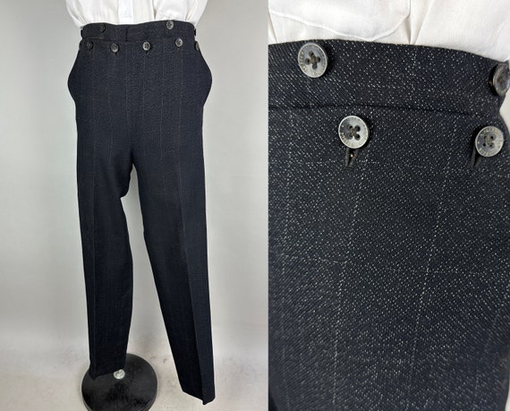 1900s Fascinating Fall Front Trousers | Vintage Antique Edwardian Black and White Windowpane Plaid Wool Pants Dated 1904! | Size 28x32 Small