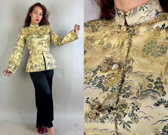 1940s Golden Goddess Lounge Set | Vintage 40s Silk Brocade Asian Peplum Souvenir Blouse and Black Palazzo Pants Ensamble | Small/Medium