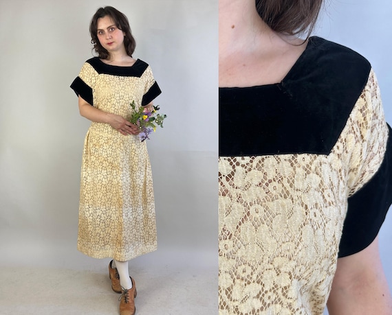 1940s Tasty Temptation Dress | Vintage 40s Toasted Marshmallow White Lace Frock w/Black Velvet Neckline and Cuffs Trim | Extra Large XL