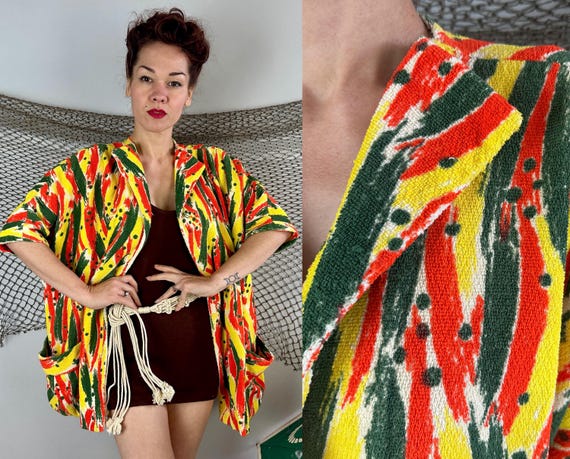 1960s Beach Blanket Bingo Coverup | Vintage 60s White Yellow Green and Orange Psychedelic Terrycloth Swimwear Swimsuit Jacket with Pockets