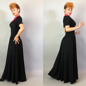 1940s Color Block Cutie Gown Vintage 40s Two Tone Tomato Red and Black Evening Dress with Notched Lapels and Sequin Trim Small image 8