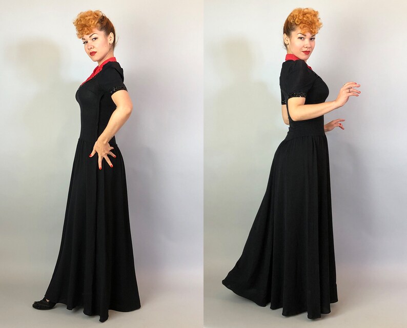 1940s Color Block Cutie Gown Vintage 40s Two Tone Tomato Red and Black Evening Dress with Notched Lapels and Sequin Trim Small image 8